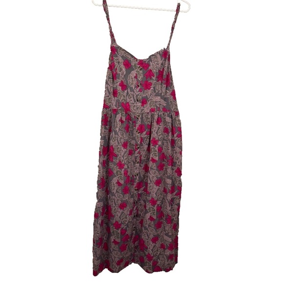 dip Dresses & Skirts - Tropical Floral Button Front Midi Dress L Linen Blend Braided Strap Cottagecore